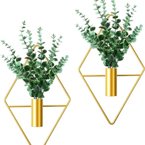 Gold Wall Hanging Planter Set with Artificial Eucalyptus Plants